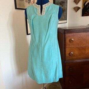 Vintage Mod 60s Aqua Cocktail Shift Mini Dress Rhinestone Trim
